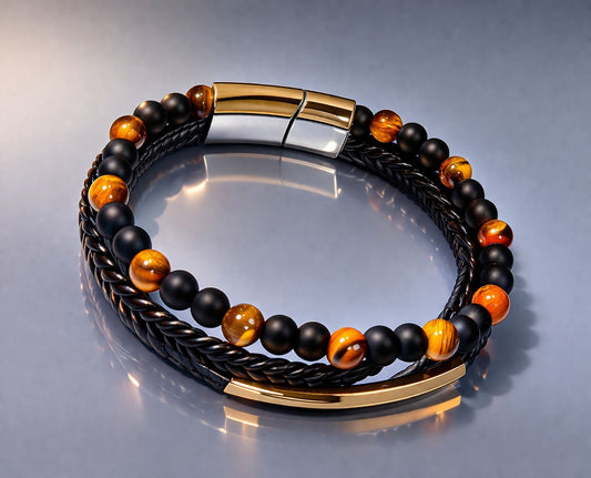 Leather Bracelet with black and orange beads