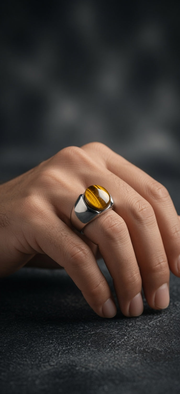 Italian Stainless Steel Tiger Aqeeq Ring