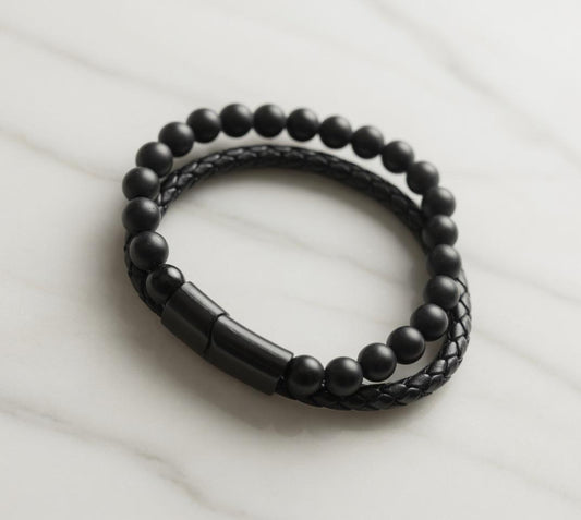 Black Leather with Stone Bracelet
