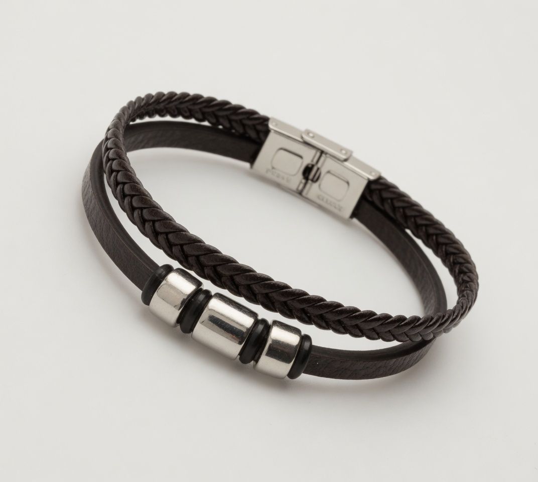 Black braided leather bracelet with metallic clasp