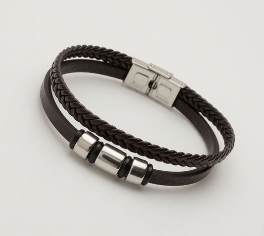 Black braided leather bracelet with metallic clasp