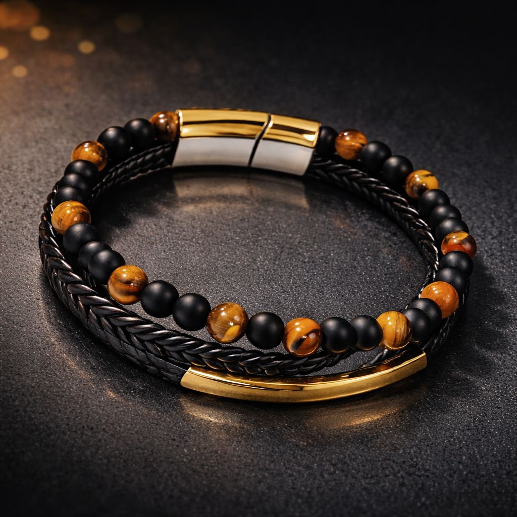 Leather Bracelet with black and orange beads