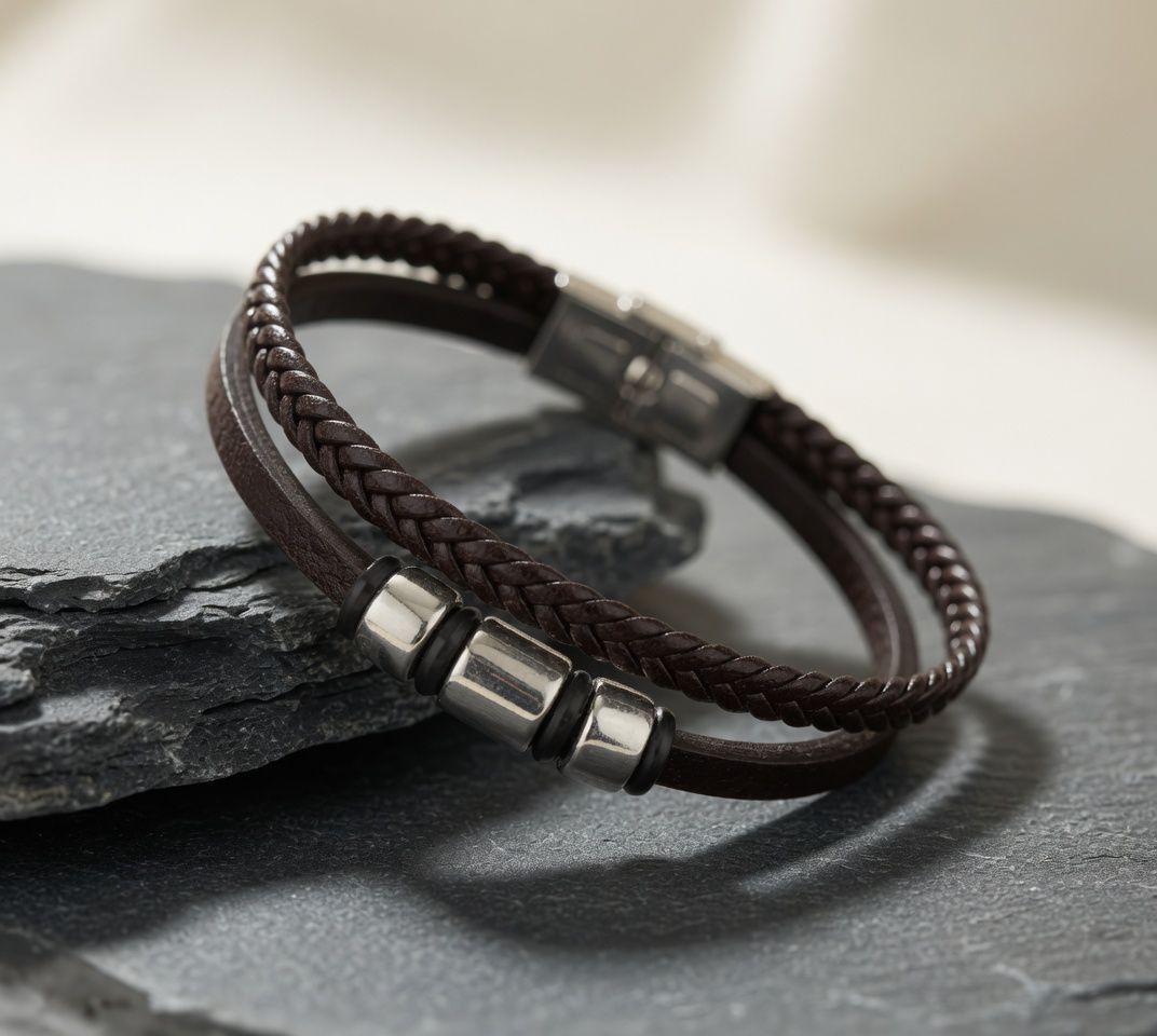 Black braided leather bracelet with metallic clasp