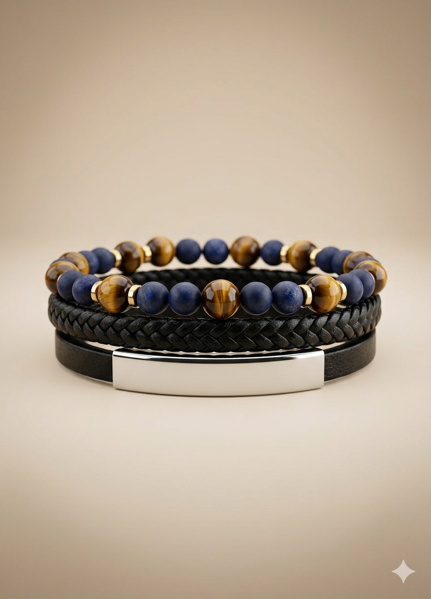 Leather Bracelet with black and orange beads