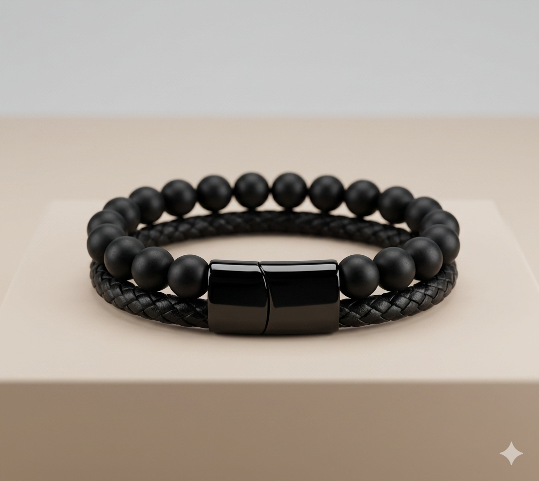 Black Leather with Stone Bracelet