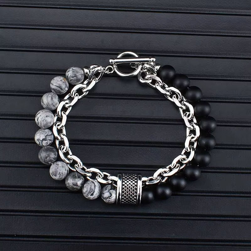 Men's Tiger Eye Lava Natural Stone  Bracelet with Gun Black Link Chain