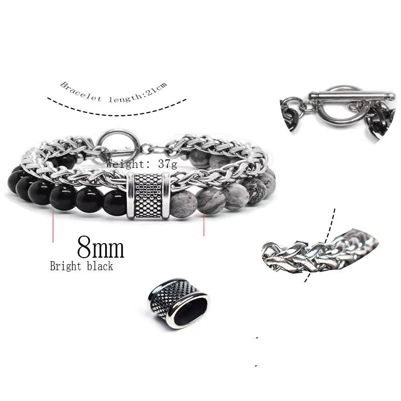 Men's Tiger Eye Lava Natural Stone  Bracelet with Gun Black Link Chain