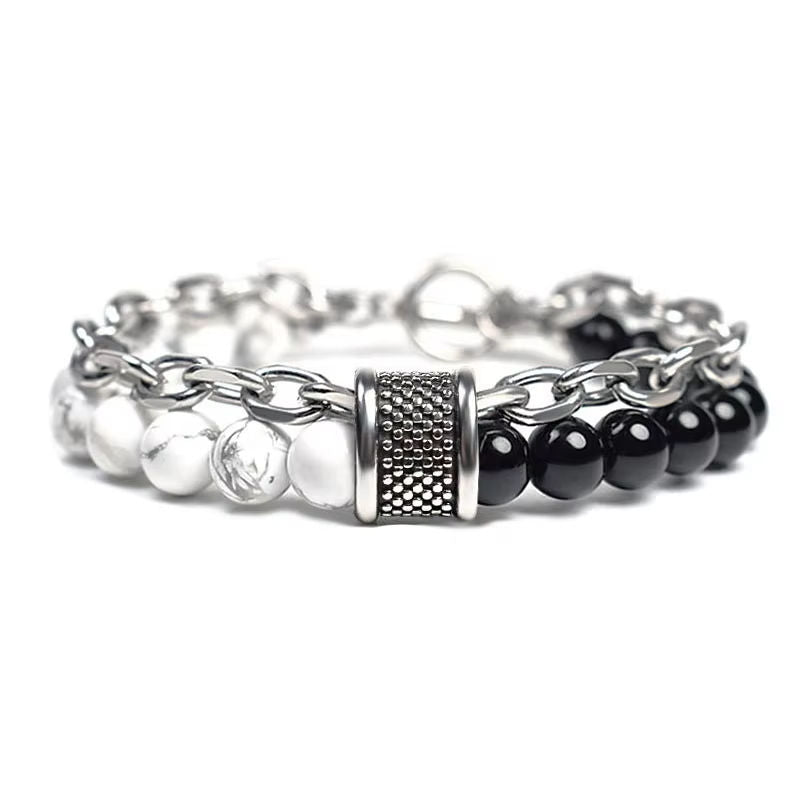 Men's Tiger Eye Lava Natural Stone  Bracelet with Gun Black Link Chain