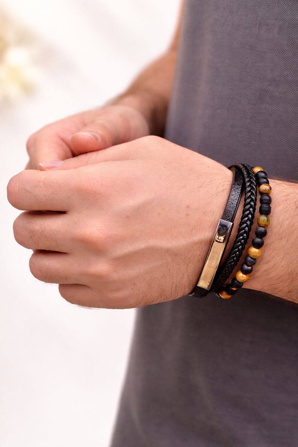 Leather Bracelet with black and orange beads