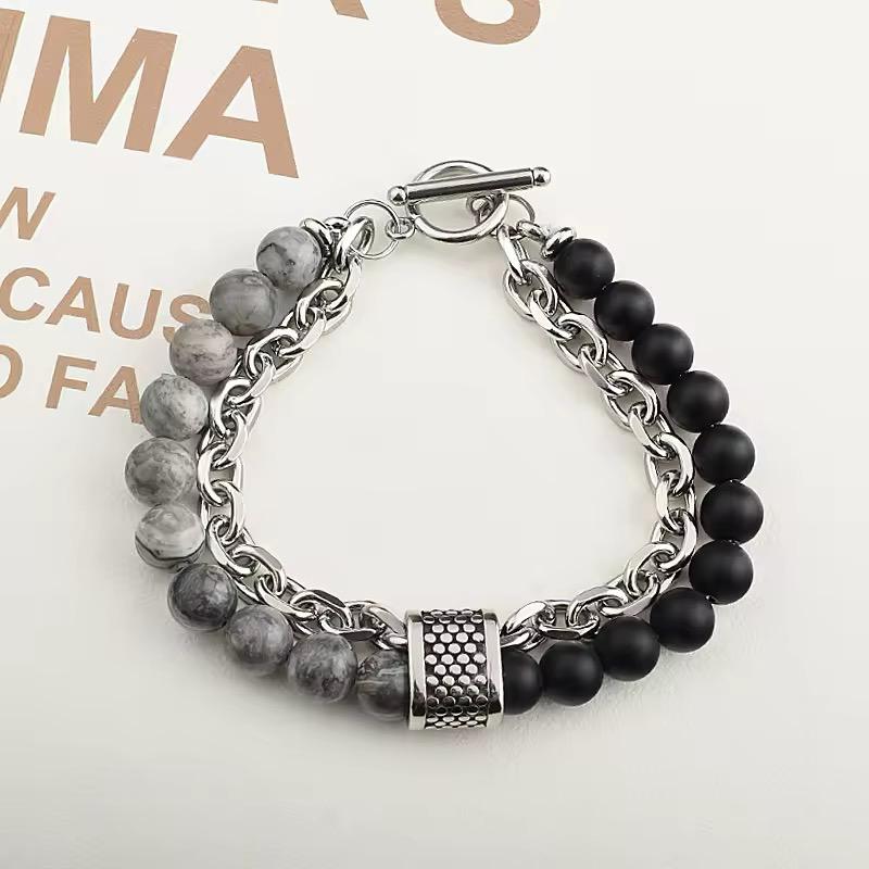 Men's Tiger Eye Lava Natural Stone  Bracelet with Gun Black Link Chain