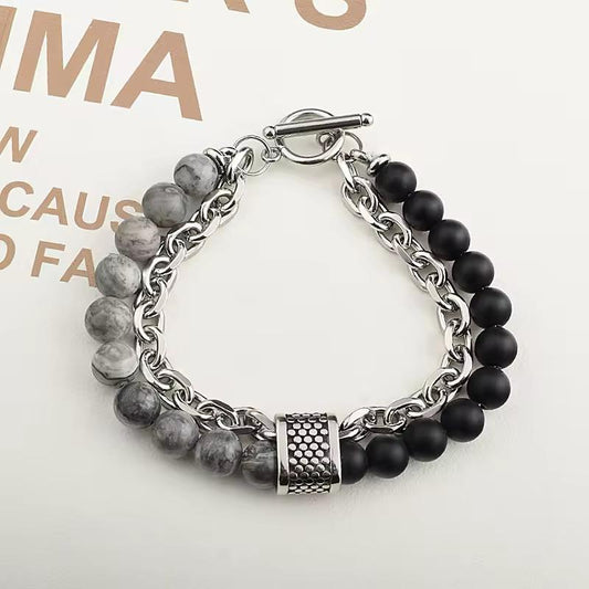 Men's Tiger Eye Lava Natural Stone  Bracelet with Gun Black Link Chain