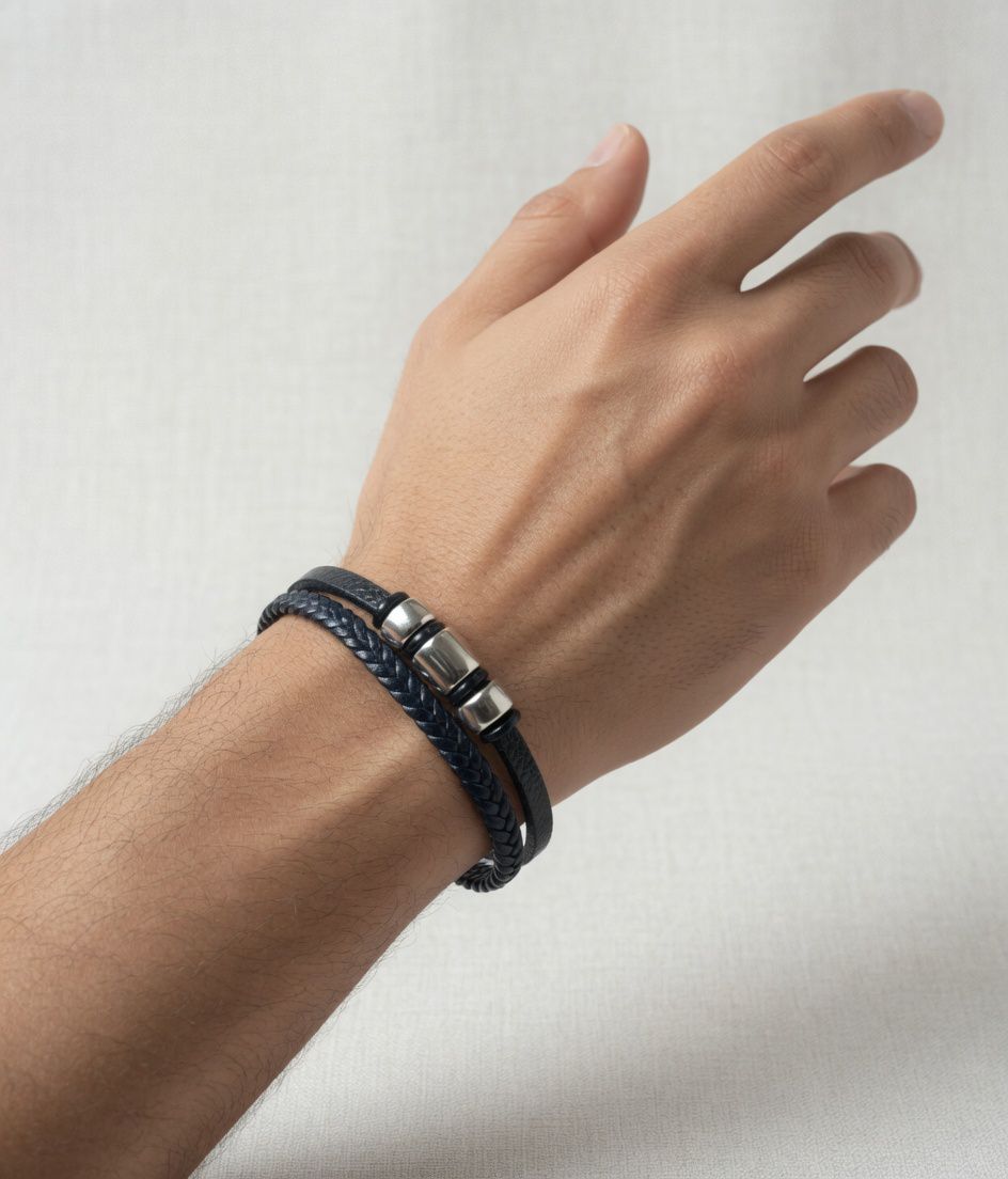 Black braided leather bracelet with metallic clasp