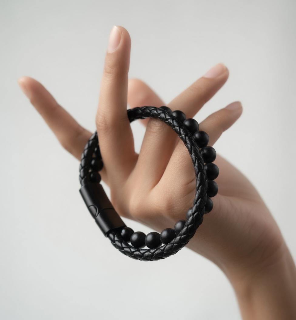 Black Leather with Stone Bracelet