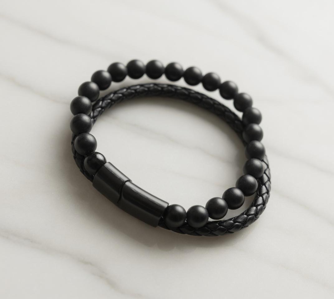 Black Leather with Stone Bracelet