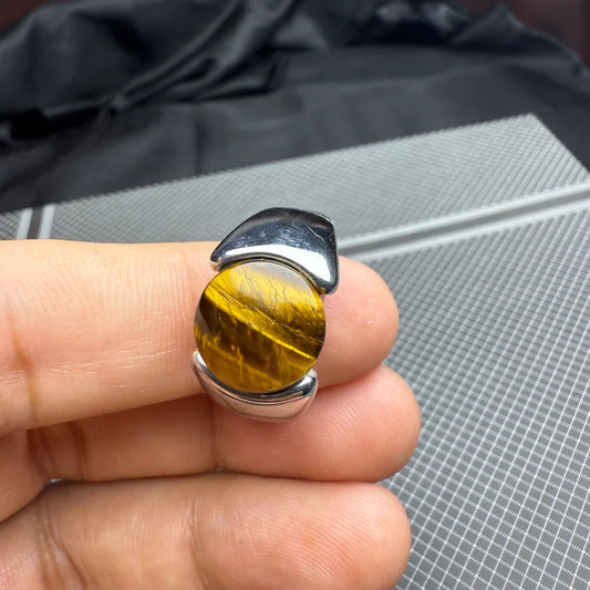 Italian Stainless Steel Tiger Aqeeq Ring