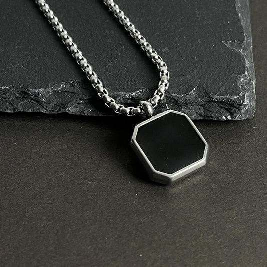 Silver Epoxy Square Pendant Necklace For Men