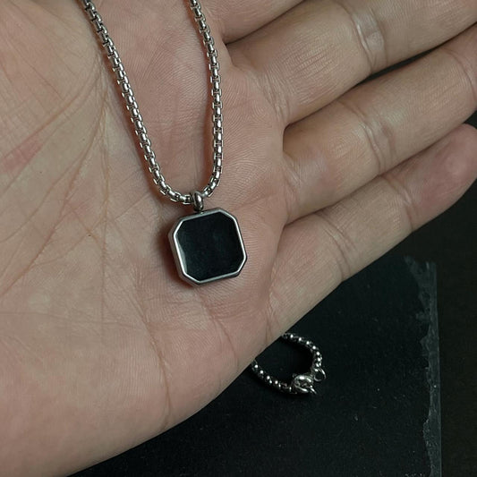 Silver Epoxy Square Pendant Necklace For Men